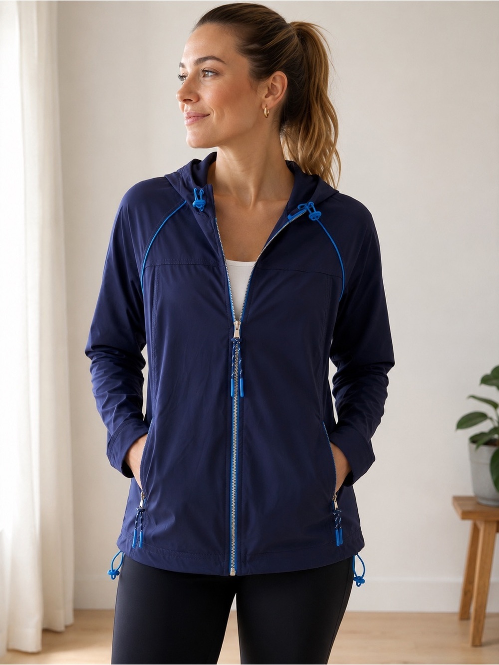 NWOT Tribal Sport Navy Hooded Performance Jacket Blue Trim Large Women Hiking
